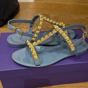 Stuart Weitzman Blue Sandals with Gold Accents